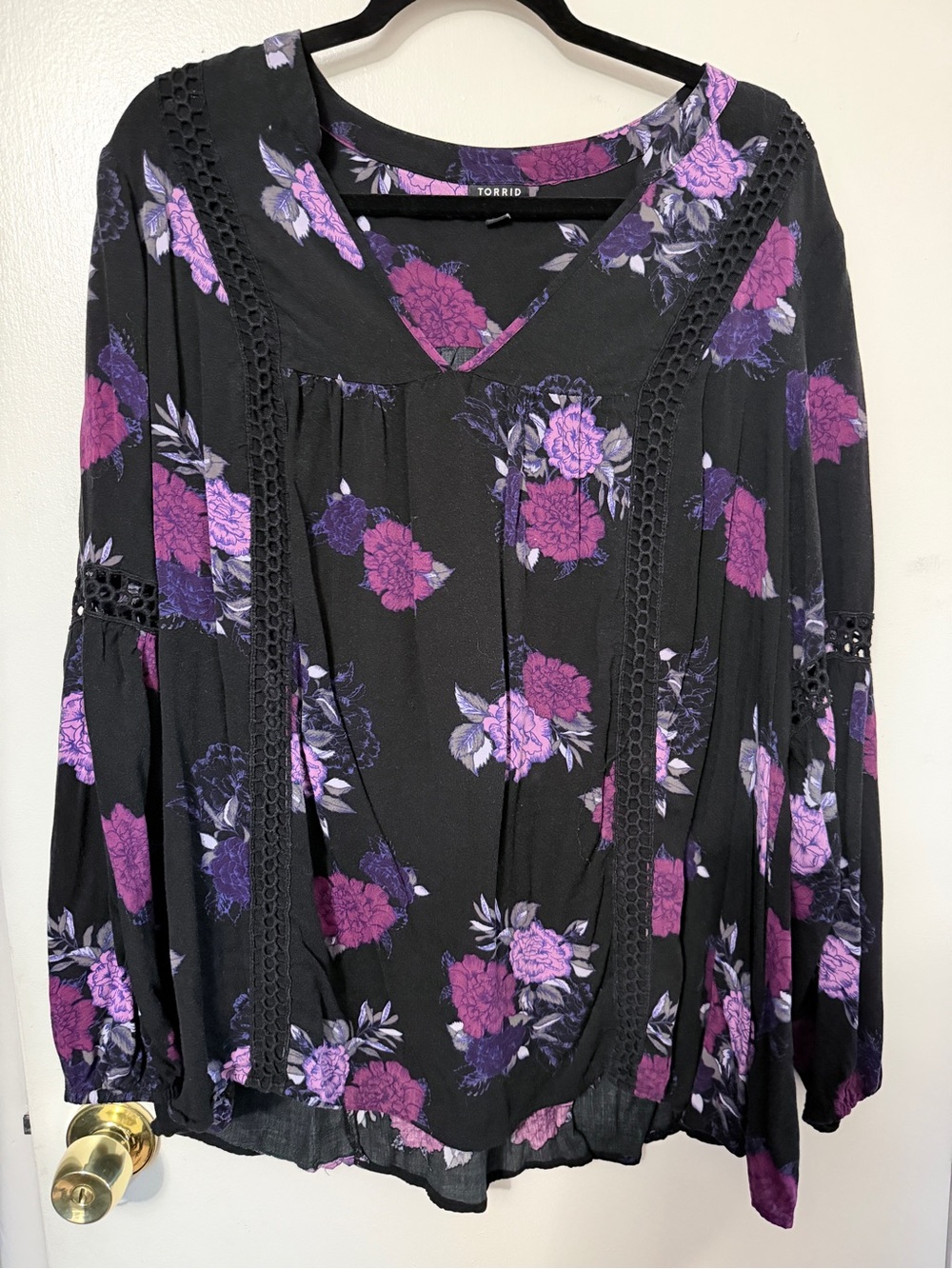 torrid Black Floral Lace-Trim Peasant Blouse - Purple
